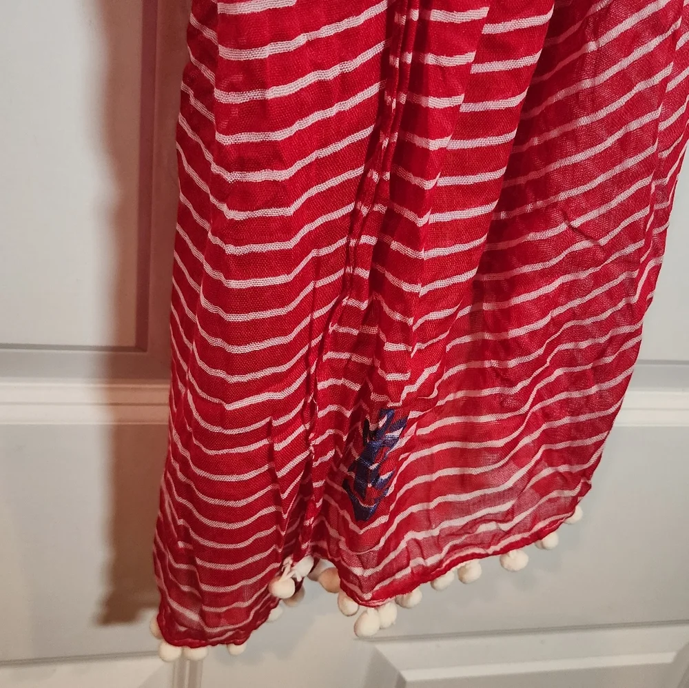 Red White Striped Lightweight Nautical Scarf Pompom Trim